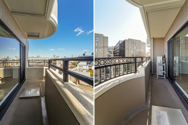 <p>バルコニーの一部は丸みを帯びた形状。こちら側には物干し金具がないため、必要に応じてご自身でご用意いただくか、洋室B側のバルコニーをご利用ください。</p>