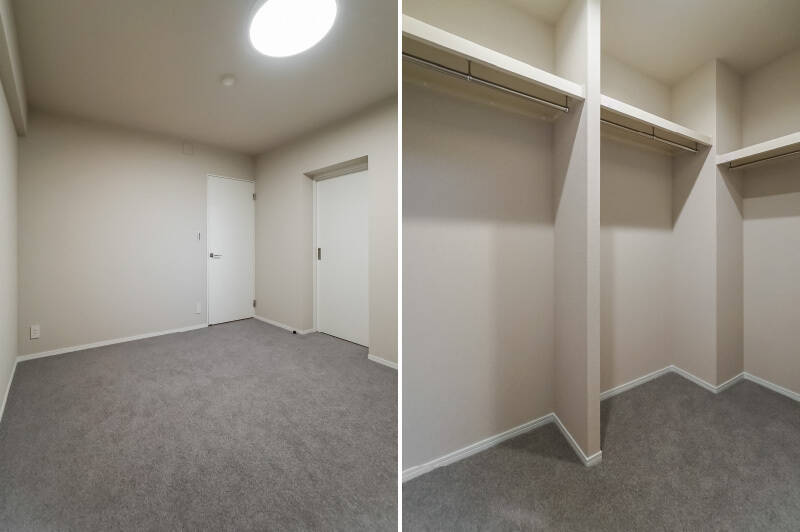 <p><b>左・</b>出入り口の開戸の横に、ウォークインクローゼット(WIC)へ続く引き戸があります。/<b>右・</b>中に入ると想像以上の広さ。棚を設ければ、さらに収納力を確保できそうです。</p>