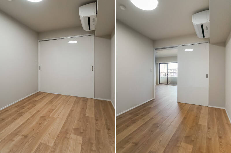 <p>引き戸2枚でLDとゆるやかにつながる間取り。どちら側からも開閉できるため、レイアウトに合わせて動線を調整できるのがいいですね。</p>