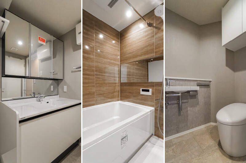 <p><b>左・</b>洗面化粧台は、ふたり並んで使えるほどのゆとりあるワイドサイズ。/<b>中央・</b>バスルームは浴室乾燥機付きで、サイズは1418。/<b>右・</b>グレートーンのトイレは、手洗いボウル付きのタンクレスタイプです。</p>