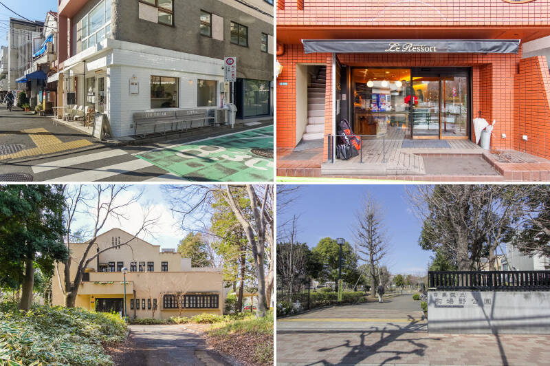 <b>左上・</b>外壁に貼られた白いタイルが目を引くカフェ「SUHO(スーホ)」は物件のすぐお隣。青果ミコト屋が手がける旬の果物や野菜を使ったアイスが評判で、界隈ではちょっとした名物なのだとか。(徒歩1分)/<b>右上・</b>「Le Ressort(ル・ルソール)」はパンや焼き菓子がおいしいベーカリー。各地から取り寄せた厳選素材を使った、こだわりのパンが並びます。(徒歩5分)/<b>左下・</b>東大駒場キャンパス内にある「Lever son Verre(ルヴェ・ソン・ヴェール)駒場」では、カジュアルフレンチが楽しめます。(徒歩7分)/<b>右下・</b>「区立駒場野公園」はキャッチボールやサッカーができる広場に加え、BBQスペース、テニスコートまであるという充実ぶり。すぐ横には児童館もあり、赤ちゃん連れの親子から小中学生まで、幅広い世代の憩いの場になっています。(徒歩5分)