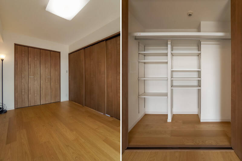 <b>左・</b>洋室AとLDKを区切る引き戸は3枚が連動するタイプで、閉めるとしっかり気密性の高い空間になりますよ。/<b>右・</b>折れ戸の向こうには、可動棚とハンガーパイプを組み合わせた収納力の高いクローゼットが。