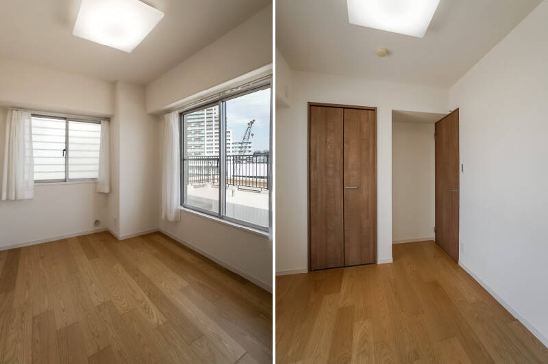 <b>左・</b>洋室Bも二面採光の開放的な空間です。北東側はルーバルに、北西側は吹き抜けに面しているのでプライベート感も高めですよ◎/<b>右・</b>収納は、奥行きの深いクローゼットが備わっています。