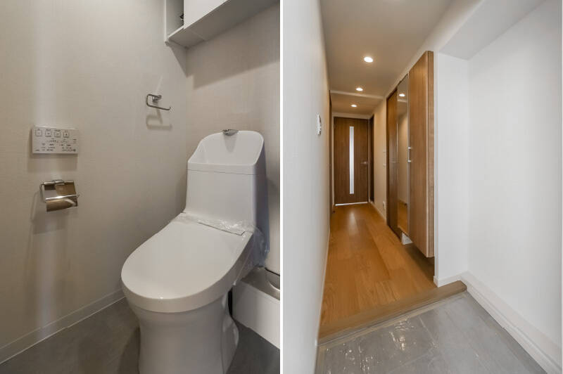 <b>左・</b>トイレには廊下からアクセスします。ここだけ結構タイトだと感じたので、ご内見時にはしっかり中まで入ってみることをおすすめします。/<b>右・</b>玄関からLDK方向を見たカット。靴収納が土間の奥に設置されているおかげで、入った瞬間に圧迫感を感じづらいところがGOODですね。