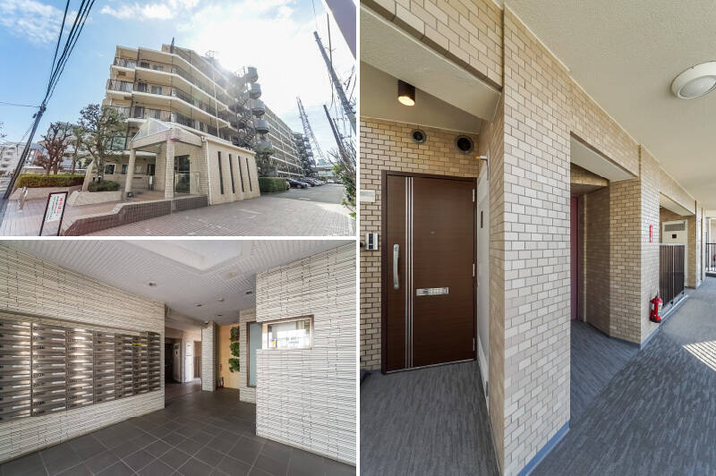 <b>左上・</b>1986年築・総戸数80戸のマンション。手前のちょっと神殿のような意匠の部分がエントランスです。/<b>左下・</b>オートロックはありませんが、宅配ボックスを完備しているのは好印象◎/<b>右・</b>ご紹介の住戸は7階でエレベーターを降りたすぐ横に位置しています。ほかの住戸の並びと方向が違うので、玄関扉の前を住民が通ることはほぼナシ。プライベート感があってうれしいポイントです。