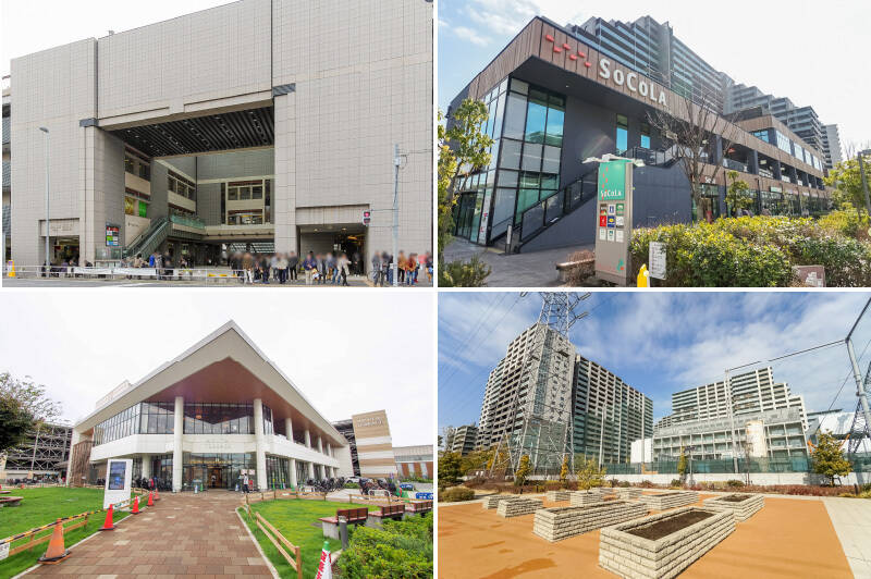 <b>左上・</b>最寄りは、東急東横線・目黒線・新横浜線・グリーンラインの4路線を利用できる「日吉」駅。横浜や渋谷、池袋まで乗り換えなしでアクセス可能ですよ。(徒歩17分)/<b>右上・</b>2020年にオープンした地域密着商業施設「SoCoLa日吉」。おしゃれ100均のセリアが入っているのに注目です!(徒歩7分)/<b>左下・</b>さらに、大型スーパーとドラッグストア、飲食店などが揃ったショッピングモール「アピタテラス横浜綱島」もご近所に。金融機関のATMや医療機関も揃っています◎(徒歩4分)/<b>右下・</b>マンションのお向かいにある学区指定の「横浜市立箕輪小学校」は、2020年に開校したばかりのピカピカの学び舎です。(徒歩1分)