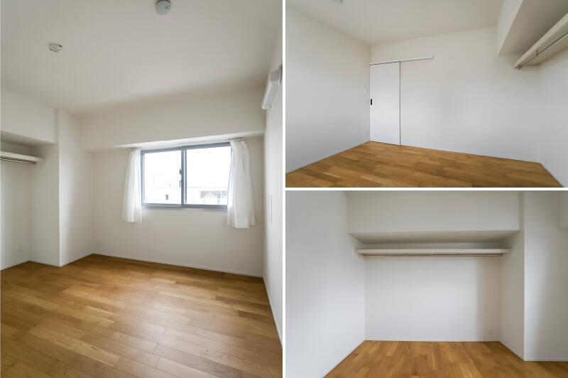 壁一面にハンガーパイプと枕棚が設置されており、洋服類をまとめて収納できそうです。見せる収納が気になる場合は、お気に入りの布カーテンで目隠しして、インテリアの一部として楽しむのもよさそう。