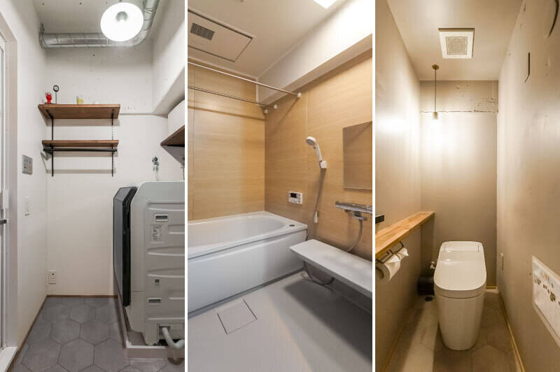 <b>左・</b>サニタリースペース。／<b>中央・</b>ユニットバスは1418サイズを採用。浴室乾燥機・追焚き機能付きです。／<b>右・</b>トイレはシンプルなタンクレス仕様。木製カウンター付きです。