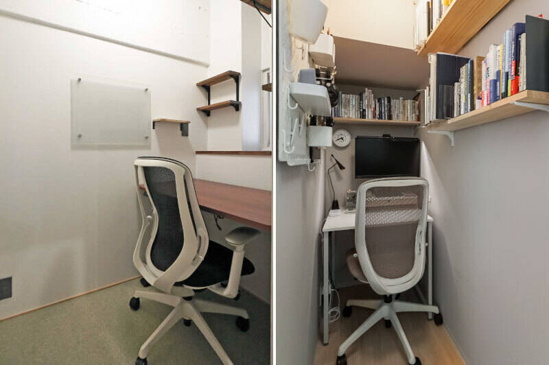 玄関横（左）と水まわり付近（右）に位置するワークスペース。どちらもコンパクトな空間ですが、しっかり作業に集中できそうです。