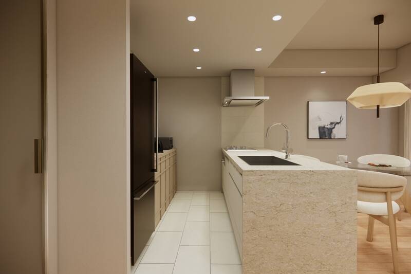 背面には、冷蔵庫と並べて棚を置ける余白があります。