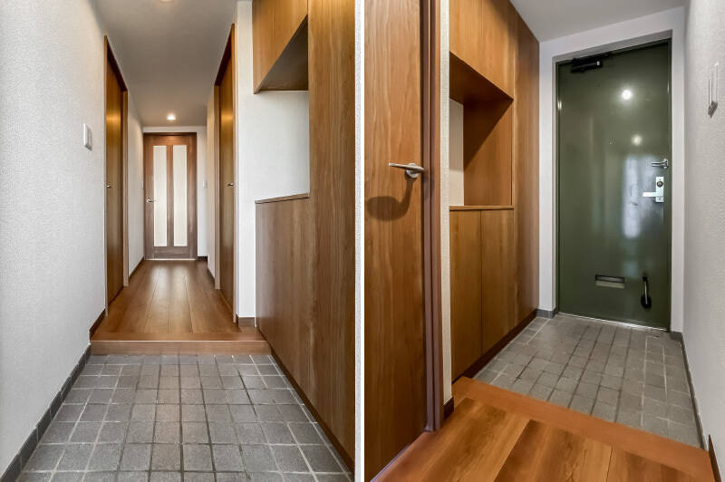 玄関扉を開けると、温かみのあるトーンでまとめられた空間が広がります。