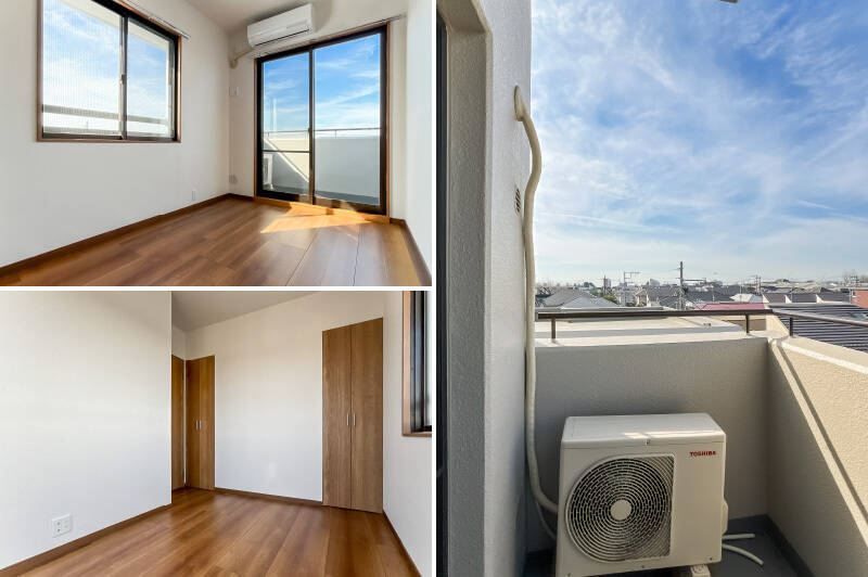 <b>左・</b>洋室Aは北西・南西の二面採光。／<b>右・</b>掃き出し窓からサブバルコニーに出られます。