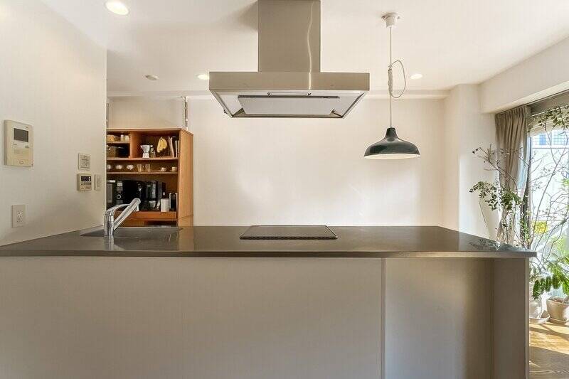 つややかなステンレス天板のペニンシュラキッチン。コンロはIH仕様で五徳がないので、リビングダイニング（LD）からの眺めも実に端正。思わず見とれてしまうラインです。