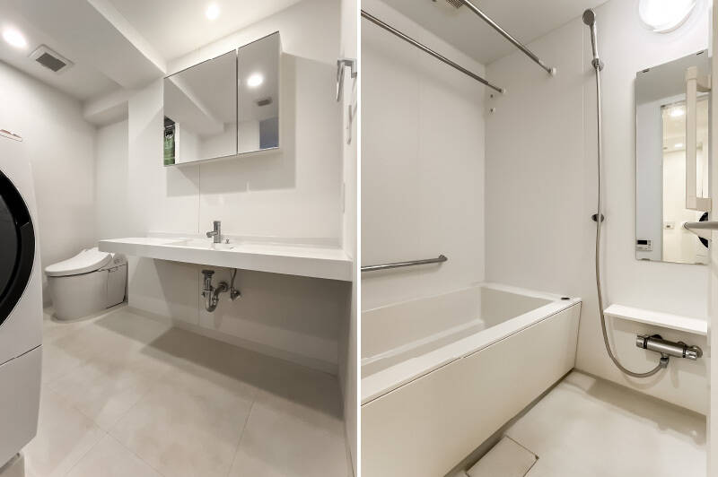 <p><b>左・</b>洗面とトイレがひと続きになった空間。最初は少し新鮮に感じるかもしれませんが、手洗いまでがスムーズで、実はとても機能的です。／<b>右・</b>シンプルなユニットバスは、浴室乾燥機付き。</p>