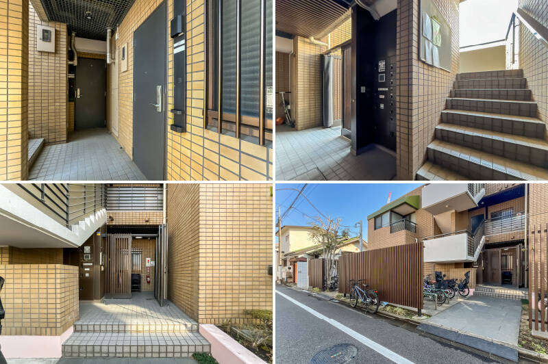 <b>左上・</b>今回の住戸の玄関前。共用部は細部までタイルがあしらわれています。意匠性はもちろん、耐久性の面でもメリットが期待できます。／<b>右上・</b>エレベーターは設置されていないため、2階までは階段利用となります。／<b>左下・</b>各ブロックごとにエントランスが分かれている設計です。エントランスには、オートロックと宅配ボックスが備わっています。／<b>右下・</b>階段を降りるとすぐに外へ出られる、効率的な動線。敷地の斜め向かいには小学校があり、周辺道路はスクールゾーンに指定されています。