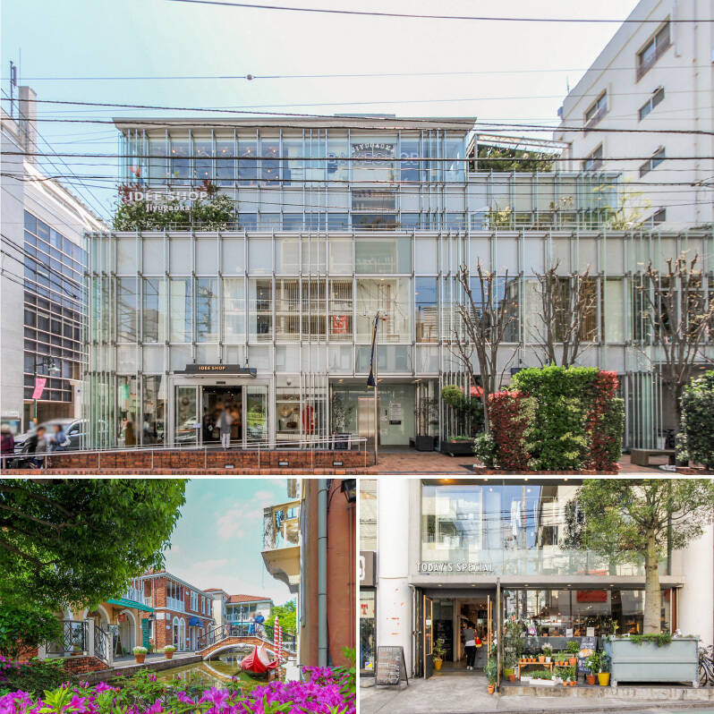 <b>上・</b>「IDÉE SHOP（イデーショップ）自由が丘店」は家具や雑貨を取り扱う、IDÉEブランドの旗艦店。せっかくの新生活、インテリアだって心から好きだと思うものを選びたいですよね。（徒歩22分）／<b>左下・</b>ベネチアの街並みをモチーフにした商業施設「LA VITA（ラヴィータ）」。レンガ造りの洋館や石畳が広がり、非日常の雰囲気を味わえます。（徒歩23分）／<b>右下・</b>「TODAY'S SPECIAL 自由が丘」日々の暮らしを彩るライフスタイルショップ。スパイスなどの食材から、カジュアルでセンスのいい食器まで、見ているだけでも心が弾みます。（徒歩23分）