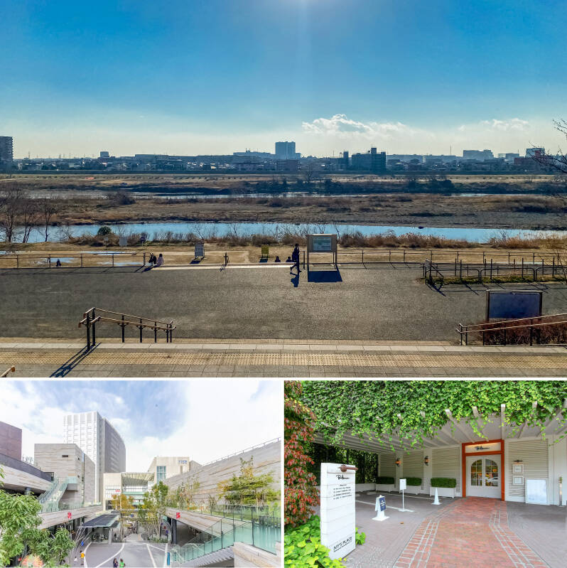 <b>上・</b>多摩川を望む「二子玉川公園」。のびのびとした空気と広がる青い空、お散歩コースにぴったりですね。（徒歩29分）／<b>左下・</b>“ニコタマ” といえば駅前に広がる商業施設「二子玉川ライズ」。ショッピング施設やレストラン、映画館などなんでも揃っています。都心まで行かなくても話題のショップが次々にオープンするのも魅力のひとつ。（徒歩32分）／<b>右下・</b>こちらはLA発のセレクトショップ「RonHerman（ロンハーマン）二子玉川店」。3階にはお食事ができる「RHカフェ（ロンハーマンカフェ）」も入っています。広々とした店内に加え、テラス席はペット同伴可なのもうれしいですね♪（徒歩38分）