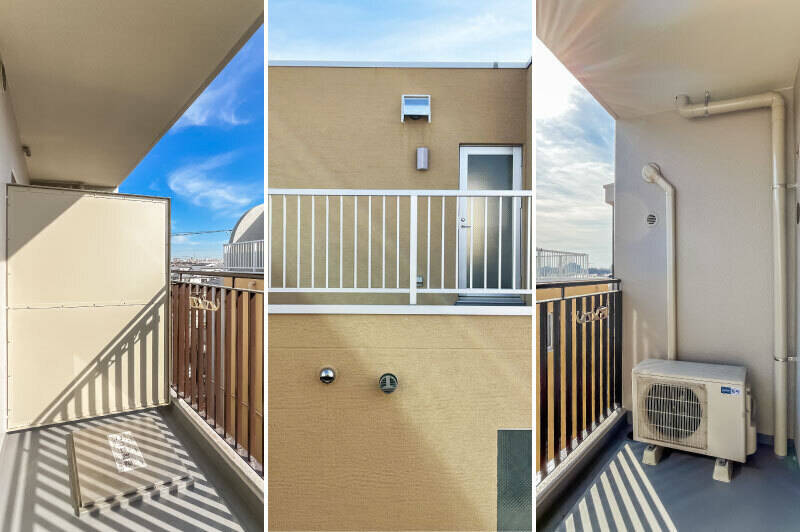 バルコニー正面にはマンションに隣接する建物があるので、普段はレースカーテンを閉めておくのがよさそう。物干し金具付き。