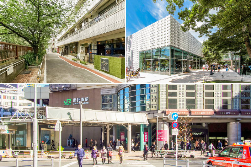 <p><b>左上・</b>最寄りは「中目黒」駅（徒歩7分）。目黒川沿いでウィンドーショッピングするのが日常になりますよ。／<b>右上・</b>「代官山」駅には徒歩9分。／<b>下・</b>日比谷線「恵比寿」駅にだって徒歩8分。どんどん美味しいお店を発掘しちゃいましょう！</p>