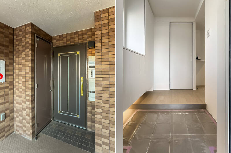 <b>左・</b>6階には2住戸のみ。玄関前にはアルコーブが設けられ、プライバシーの高い造りとなっています。／<b>右・</b>さっそく、玄関に窓！ 下足入れはカウンタータイプとトールタイプの2種類が並んでいます。