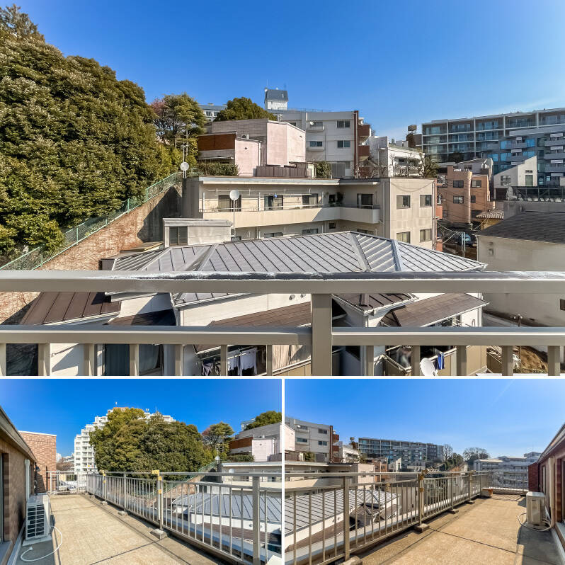 高台の傾斜地に建っていることもあり周囲からの視線は感じるものの、この立地にしてこの開放感です！ 建物の背がだんだん高くなっていくのが素敵じゃありませんか♡ 照明や水栓が付いているので、夏場の水遊びも、夜風にあたりながらの晩酌も、いろんな楽しみ方ができそうですよ！