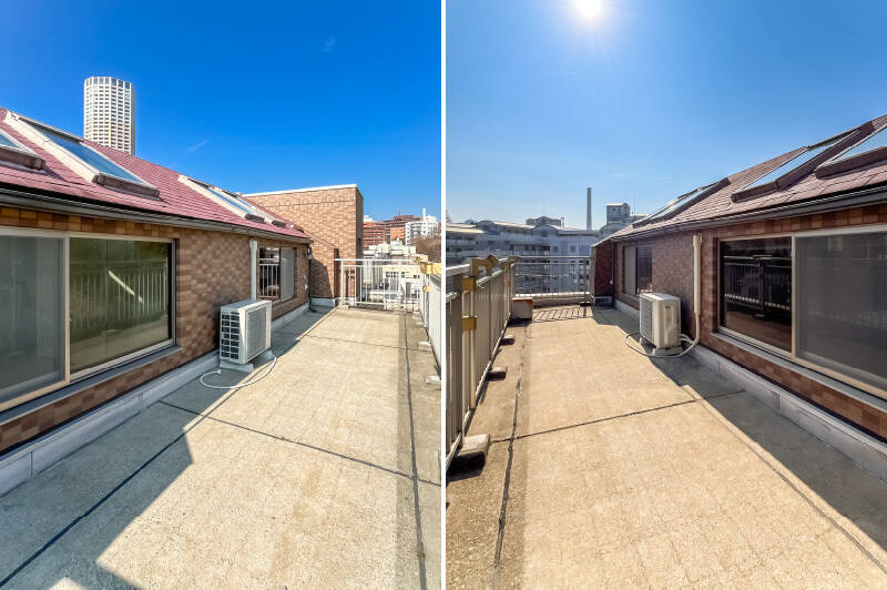 アウトドア用のソファセットがドーンと置けそうなほどの広さ。ぜひウッドデッキを敷いて半屋外のように使いたいですね。縦画角の写真だと天窓の配置がよく分かります。