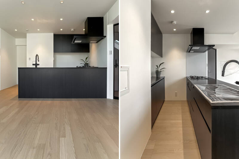 内装は人気アパレルブランドとのコラボレーション。オリジナルシステムキッチンはブラックで統一されています。／<b>左・</b>左手の凹んだ部分が冷蔵庫置き場。／<b>右・</b>背面の上下に扉付き収納が用意されています。キッチン家電はカウンター上に並べるといいですね。