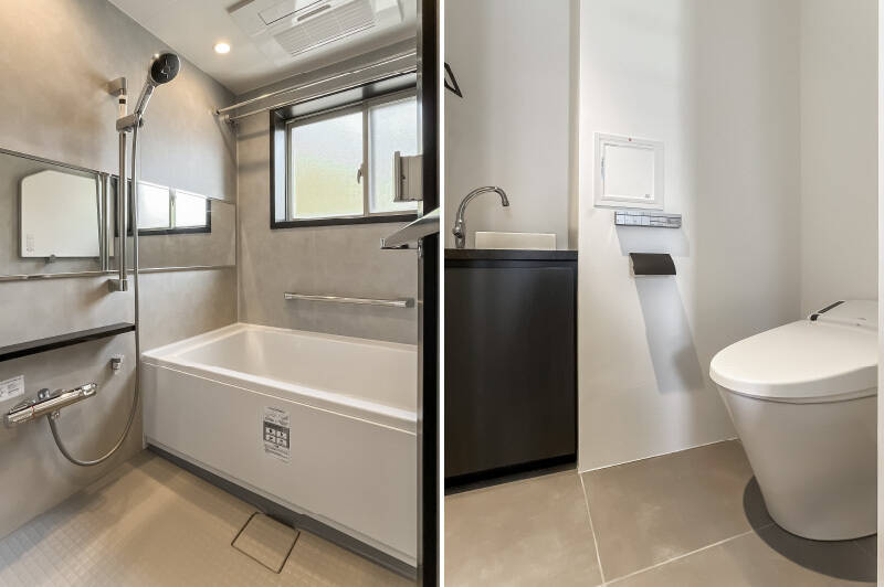 <p><b>左・</b>1317サイズの浴室もうれしい窓付き。半露天気分を味わえますよ。浴室乾燥も付いています◎ ／<b>右・</b>廊下からアクセスするトイレには手洗いボウルが備わっています。</p>