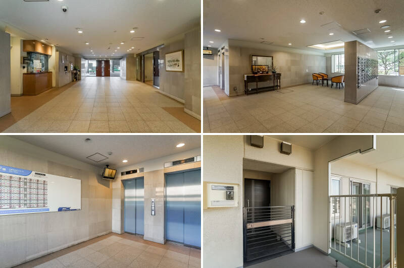 <b>左上・</b>目的地の住戸があるEF棟のエントランスホール。これは広い！ 左手にあるのは管理人室です。右手のドアの先は……／<b>右上・</b>またまた広い！ 右手前にはメールボックスと待合スペース、左奥にはエレベーターホールがあります。／<b>左下・</b>エレベーターが停止するのは、1,3,5,8,11,14階。今回ご紹介する住戸は10階なので、11階まで上がって階段で10階にアクセスします。／<b>右下・</b>10階に到着。右手にあるバルコニーが気になりますが、まずは玄関ポーチの先の住戸内から見ていきましょう！