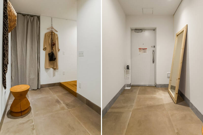 玄関ドアを開けると、広々とした土間がお出迎え。お子さま用の自転車やベビーカーなどを置ける、ゆとりのある広さです。カーテンの奥は収納スペースになっているので、キャンプ用品や砂場セットなど、外で使うものはここに入れると良さそう。写真には写っていませんが、下足収納もしっかりと備わっているのでご安心を。