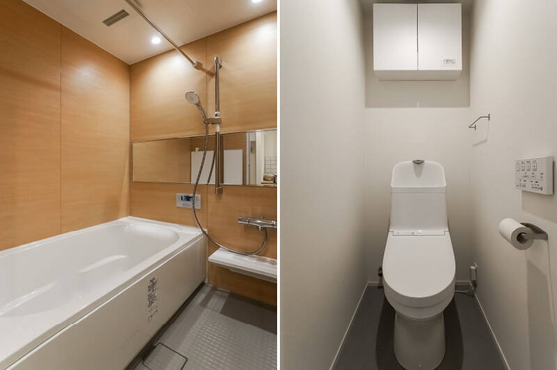 <b>左・</b>ユニットバスは1616サイズ。足を伸ばせるゆったり浴槽です♪ ／<b>右・</b>吊り戸棚付きのシンプルなトイレ。