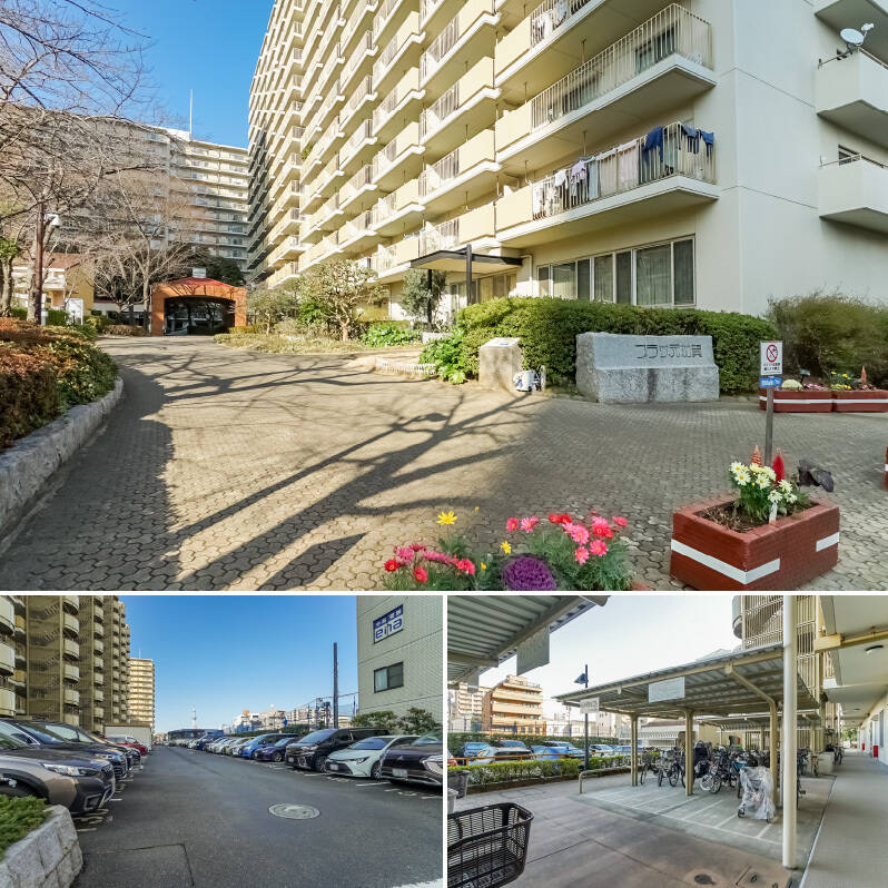 <b>上・</b>緑豊かな敷地内。／<b>左下・</b>平置きの駐車場も完備。奥には「東京スカイツリー」も見えますね♪ 駐車可能車種は、全長4800mm、全幅1800mm、全高1550mm以下です。2026年2月13日時点で空きはありませんが、最新の空き状況はお問い合わせください。／<b>右下・</b>レンタルサイクルも行っており、買い物やちょっとしたお出かけに重宝しそう。