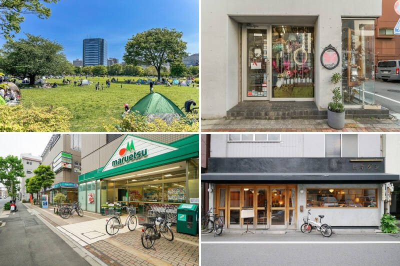 <b>左上・</b>「木場公園」では、ふれあい広場や都市緑化植物園のほか、バーベキューも楽しめます（要予約）。ご家族での思い出づくりにいかがでしょうか？ （徒歩6分）／<b>右上・</b>「BUTTERFLY DECO（バタフライデコ）」は、パリテイストのフラワーショップ。不定期でお花教室も開催されているそう♪ （徒歩8分）／<b>左下・</b>大通りを挟んだマンションの正面には、「マルエツ」があるので、日々のお買い物には困りません。（徒歩2分）／<b>右下・</b>住宅街にひっそりと佇む、カフェ&レストラン「ヒキダシ」。古民家をリノベーションしたという木の温もりを感じる店内で、癒しのひと時を。（徒歩5分）