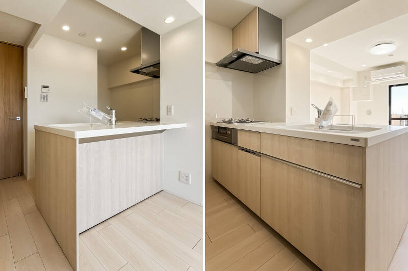 <b>左・</b>ハイスツールを置けばカウンターのように使えそうなキッチン。コンセントもあるため、PC作業もちゃちゃっとできそうです。／<b>右・</b>食洗機や浄水器が搭載されています。