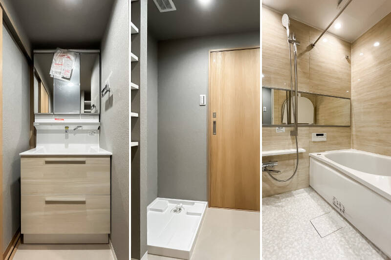 洗面台はコンパクト。同じ空間に洗濯機置き場がまとまっています。洗剤を置くのによさそうな棚も用意されていますよ。ユニットバスは1218サイズで、衣類乾燥や暖房機能が付いています。