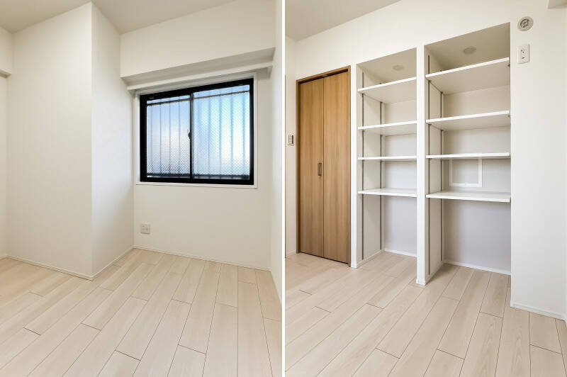洋室B、Cは共用廊下に面し、窓は北西向き。こちらの居室には扉付きクローゼットと可動棚がふたつ付いています（帖数はオープン収納の面積含む）。