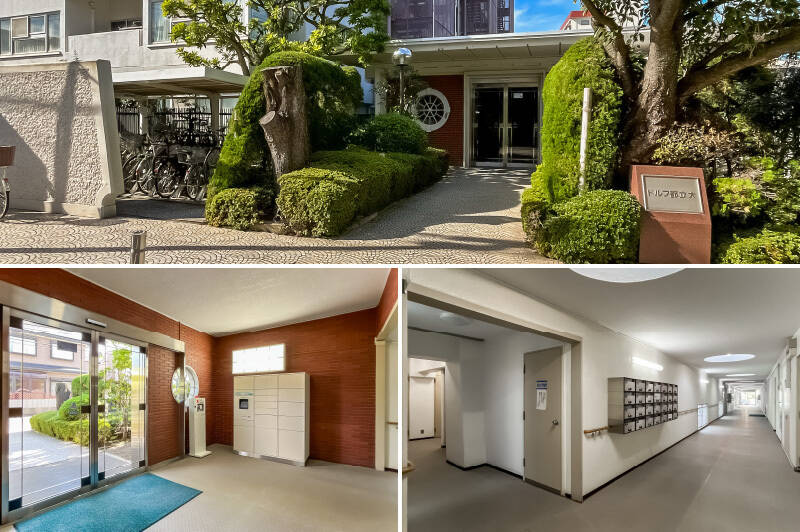 <b>上・</b>植栽や丸窓で彩られたメインエントランス。駐車場から入るサブエントランスもありますよ。／<b>左下・</b>宅配ボックスを完備。向かいに管理人室があり、管理人さんは平日9-17時まで、土曜日も午前中勤務されています。／<b>右下・</b>エレベーターは全部で3機。エレベーターごとに、各階2部屋のみという贅沢な造りです。