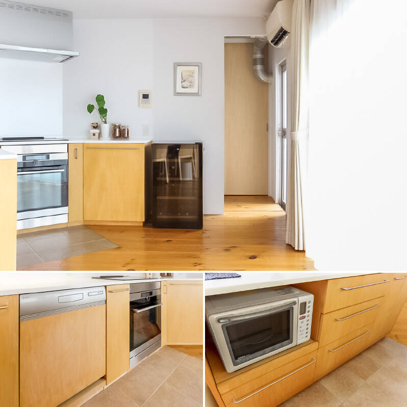 <b>上・</b>キッチンの裏手はパントリー。この後見てみましょう！ 右手の勝手口からバルコニーへアクセス可能です。ゴミの一時置き場などに活用できそうですね。／<b>左下・</b>フロントオープンタイプのビルトイン食洗機はスウェーデンの家電メーカー「ASKO（アスコ）」製。オーブンレンジは、多彩な調理モードが付いたドイツの家電メーカー「AEG（アーエーゲー）」製が入っています。／<b>右下・</b>電子レンジもカウンター下にすっきり収まるよう設計されていますよ。