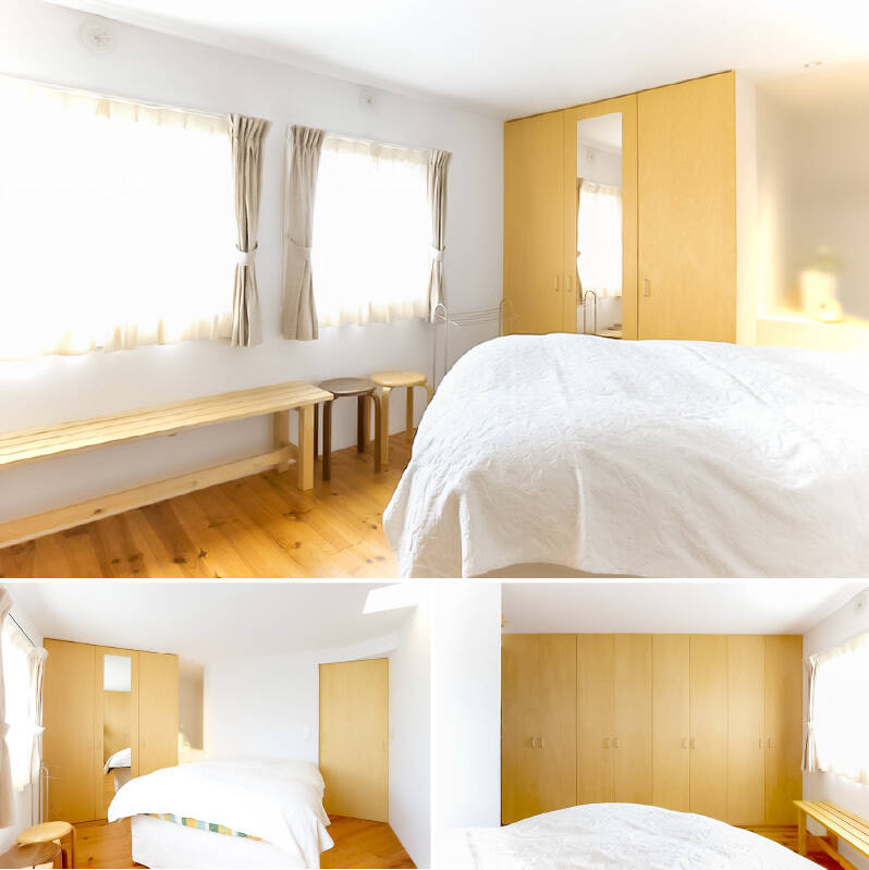 ワークスペースからさらに奥へ進むと、ベッドスペースがあります。壁沿いには備え付けの収納が豊富に備わっており、衣類がスッキリと収まりそう。