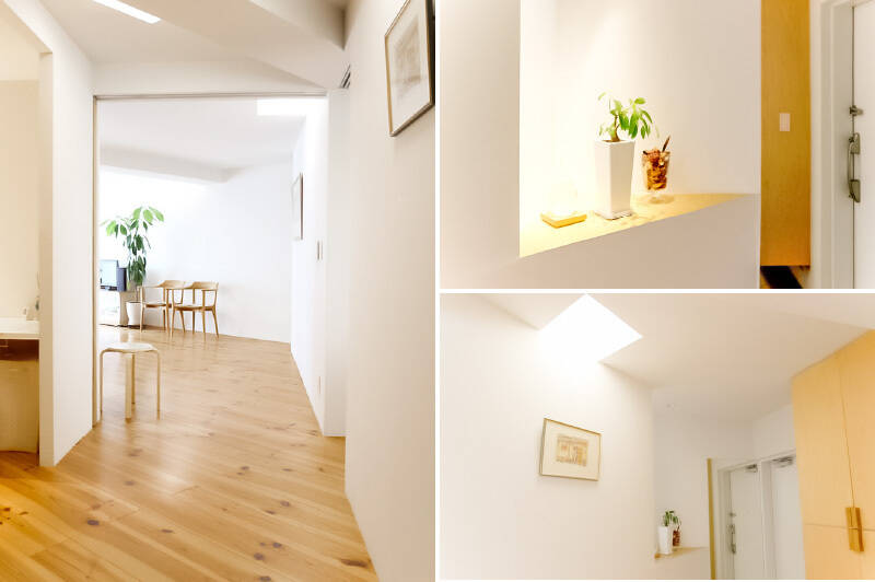 <b>左</b>・玄関側から正面にLDKを見た様子。LDKとの間は引き戸で仕切られるようになっており、左手の壁の中に引き戸が収まります。／<b>右上・</b>玄関にはニッチスペースがあり、お気に入りの植物やアートを飾ることが可能。／<b>右下・</b>玄関横には造作の下足入れがあります。取手は設計士のオリジナルなんだとか。