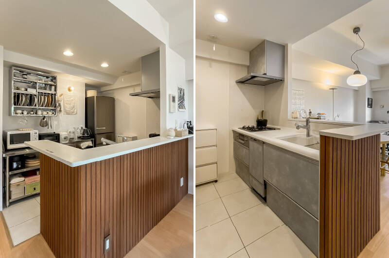 3口コンロと食洗機を完備した対面式のキッチン。カウンター付きで料理のサーブがしやすそう。床材はタイルに切り替わっているので、お手入れのしやすさも◎