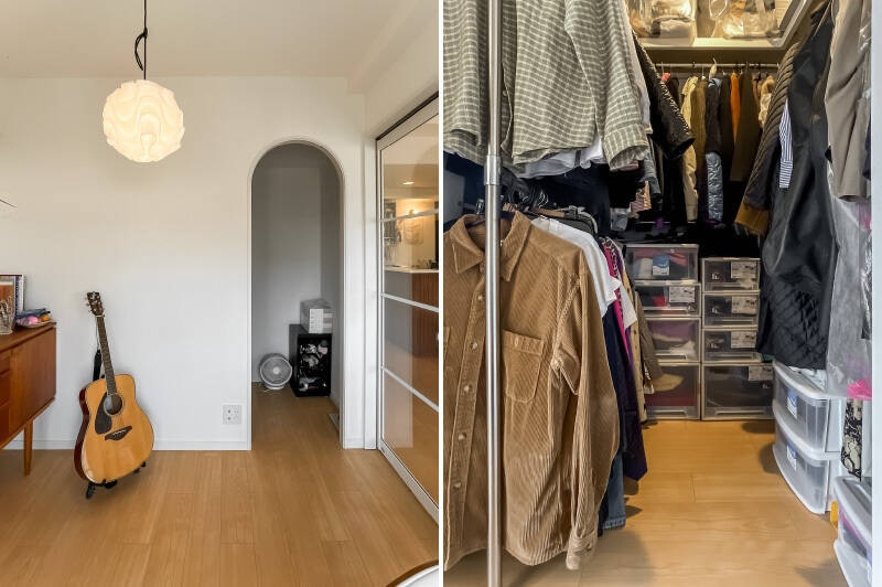 アーチ開口の先には、大容量のウォークインクローゼット（WIC）。コの字型に枕棚とハンガーパイプが備わっています。