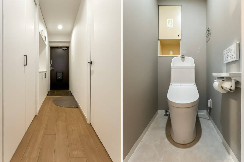 <b>左・</b>トイレと洋室Bには、こちらの廊下からアクセス。収納は2箇所用意されています。／<b>右・</b>トイレはグレーカラーで、落ち着いた印象。