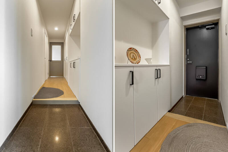 下足入れはセパレートタイプ。真ん中の飾り棚には、お気に入りの雑貨やオブジェを飾るもよし、お出かけに必要な小物類をまとめておくもよし。使い勝手がよさそうです。