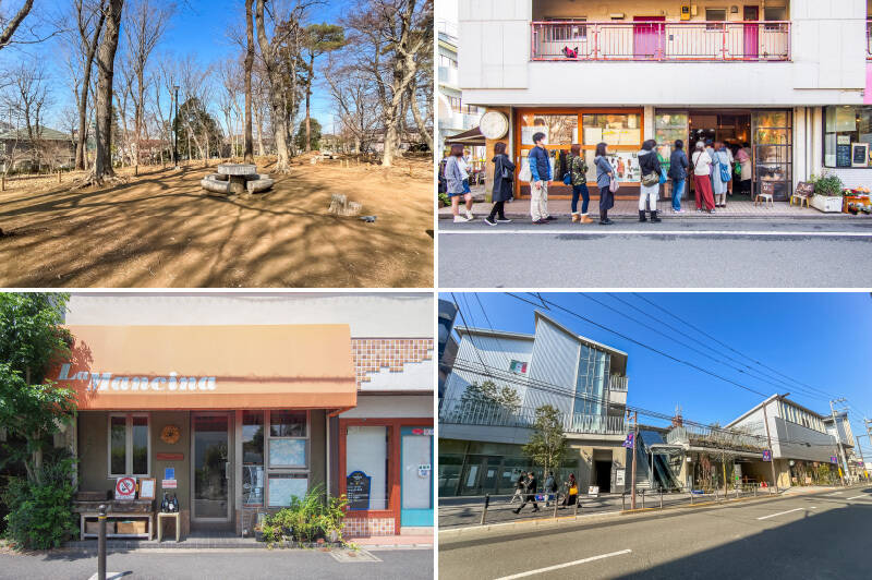 <b>左上・</b>マンションから歩いて3分のこちらは「緑ヶ丘みんなの森」。春夏は緑に包まれる、リフレッシュにぴったりなスポット。／<b>右上・</b>わざわざ遠方から訪れるファンもいるほど人気あるパン屋さん「AOSAN（アオサン）」は平日でもこの行列！（徒歩15分）／<b>左下・</b>「La Mancina(ラ マンチーナ)」は、地元住民に愛されるイタリアン。季節感のあるパスタが絶品です！（徒歩6分）／<b>右下・</b>駅前に新しく誕生した商業施設「フォレストスクエア仙川」。ショッピングが楽しめるのはもちろん、施設内の2階には緑溢れる屋外広場もあるので、ゆったりとくつろぐことも◎（徒歩12分）