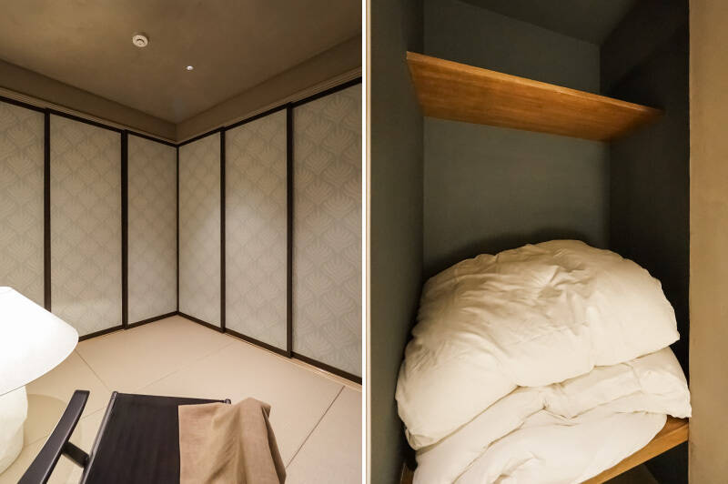 <b>左・</b>襖風の建具を閉めるとこんな感じ。気密性はそこまで高くないので、目隠しだと捉えておくのがよさそう。/<b>右・</b>見づらくて恐縮ですが、和室には奥行きたっぷりの押入れがあり、布団だってご覧の通り収納可能です。細かい点ですが、押入れの引手がものすごく巧みに建具に馴染んでいるので、ご内見時には注目を。