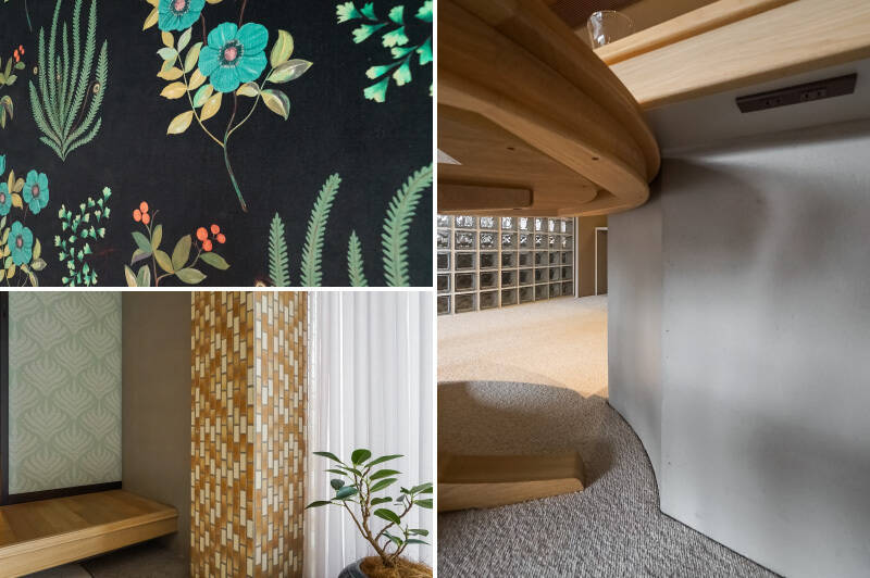 <b>左上・</b>LDKの壁面を飾っているのは、本来なら椅子の張り地に採用される柔らかな布地。英国リバティ社のプランツ柄のファブリックです。うーん、和洋折衷。/<b>左下・</b>和室の襖もリバティの植物柄。柱のタイルはマンションの外壁とそっくりで、外部と内部の境界を曖昧にする狙いがあるのだそう。/<b>右・</b>ダイニングテーブルが滑らかに収まるよう計算されたキッチンカウンターをご覧あれ。見えないところにコンセントがあるのもポイントが高いですね!