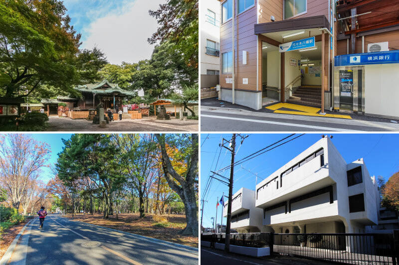 <b>左上・</b>物件は豊かな樹木に囲まれた「代々木八幡宮」のすぐそばに。敷地内に一歩足を踏み入れれば都会の喧騒を忘れられそう。(徒歩3分)/<b>右上・</b>最寄りは小田急線「代々木八幡」駅(徒歩8分)・東京メトロ千代田線「代々木公園」駅(徒歩9分)。駅近くにはスーパー「マルマンストア 代々木八幡店」があるので、日常のお買い物には困りません。(徒歩8分)/<b>左下・</b>広大な「代々木公園」も徒歩圏内。休日は近くのカフェでコーヒーを買ってのんびりお散歩を。(徒歩9分)/<b>右下・</b>丹下健三建築の「ブルガリア共和国大使館」。大使館のある街って、やっぱり雰囲気のよさを感じますね。(徒歩5分)