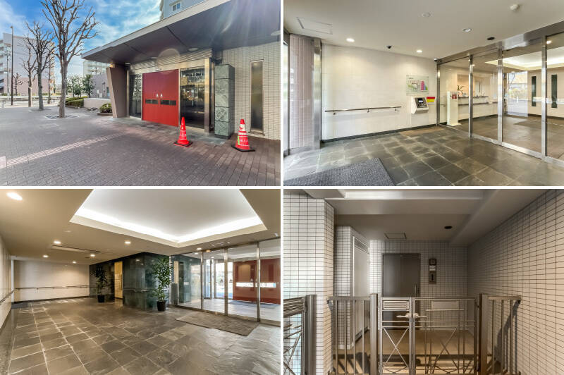 <b>左上・</b>エントランス。／<b>右上・</b>オートロック付きの自動扉を抜けると……？／<b>左下・</b>広々とした共用ロビーが。／<b>右下・</b>住戸の玄関前には約5.5㎡の専用ポーチがあり、セキュリティとプライバシーを確保しています。