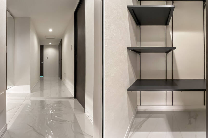 タイル貼りで高級感がある玄関。シューズボックスのほかにも、シューズインクローゼット（SIC）を完備しています。